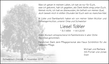 Traueranzeige von Liesel Tobler von Gmünder Tagespost