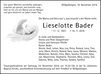 Traueranzeige von Lieselotte Bader