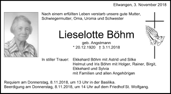 Traueranzeige von Lieselotte Böhm von Schwäbische Post