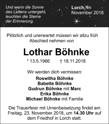 Traueranzeige von Lothar Böhnke von Gmünder Tagespost