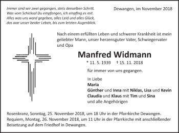 Traueranzeige von Manfred Widmann von Schwäbische Post