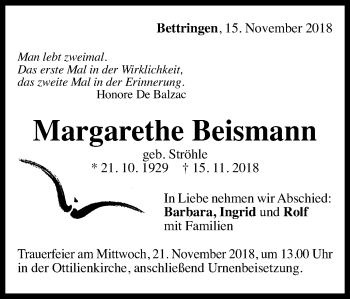 Traueranzeige von Margarethe Beismann