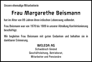 Traueranzeige von Margarethe Beismann von Gmünder Tagespost