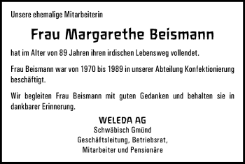 Traueranzeige von Margarethe Beismann