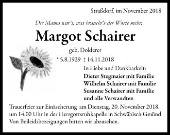 Traueranzeige von Margot Schairer von Gmünder Tagespost
