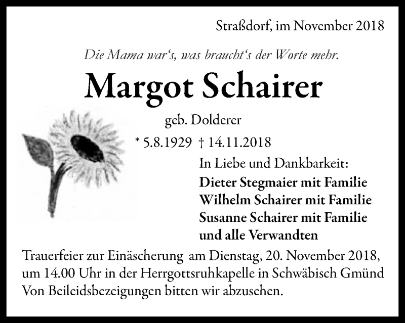  Traueranzeige für Margot Schairer vom 16.11.2018 aus Gmünder Tagespost