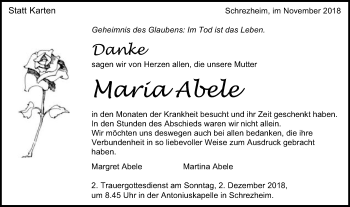 Traueranzeige von Maria Abele von Schwäbische Post