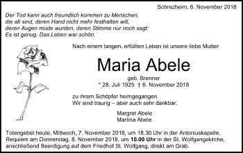 Traueranzeige von Maria Abele von Schwäbische Post