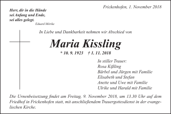 Traueranzeige von Maria Kissling von Gmünder Tagespost
