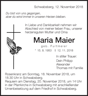 Traueranzeige von Maria Maier von Schwäbische Post