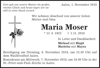 Traueranzeige von Maria Moser von Schwäbische Post