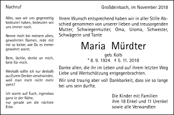 Traueranzeige von Maria Mürdter von Gmünder Tagespost