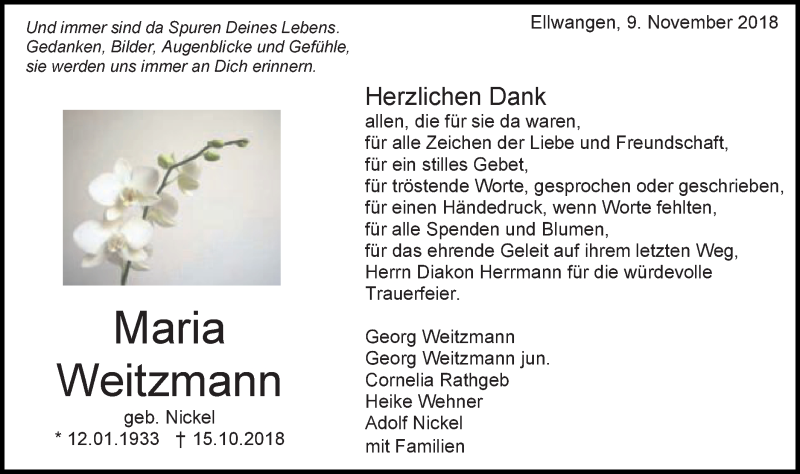 Traueranzeige für Maria Weitzmann vom 09.11.2018 aus Schwäbische Post