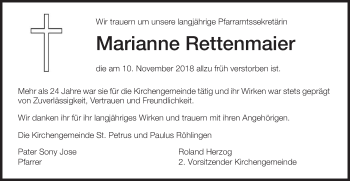 Traueranzeige von Marianne Rettenmaier von Schwäbische Post