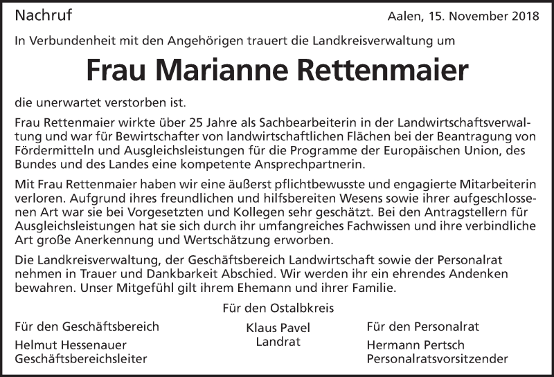 Traueranzeige für Marianne Rettenmaier vom 15.11.2018 aus Schwäbische Post