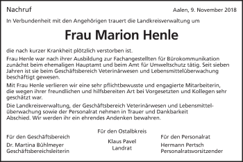 Traueranzeige von Marion Henle von Schwäbische Post