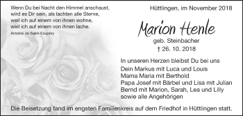 Traueranzeige von Marion Henle von Schwäbische Post
