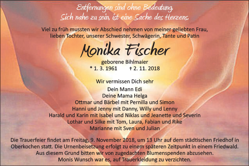  Traueranzeige für Monika Fischer vom 07.11.2018 aus Schwäbische Post