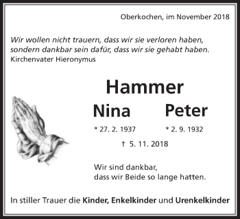 Traueranzeige von Nina und Peter Hammer von Amtsblatt_Oko