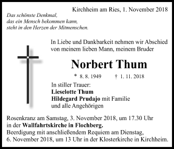 Traueranzeige von Norbert Thum von Schwäbische Post