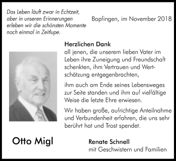 Traueranzeige von Otto Migl von Bopfinger Stadtanzeiger