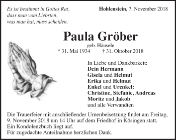 Traueranzeige von Paula Gröber von Schwäbische Post