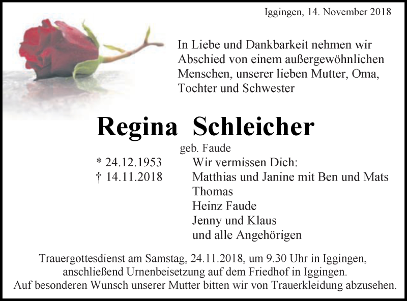  Traueranzeige für Regina Schleicher vom 20.11.2018 aus Gmünder Tagespost