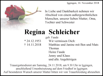 Traueranzeige von Regina Schleicher von Gmünder Tagespost
