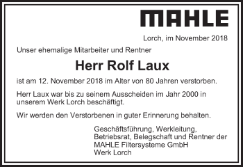 Traueranzeige von Rolf Laux von Gmünder Tagespost