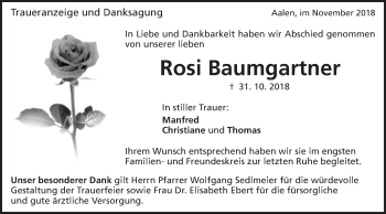 Traueranzeige von Rosi Baumgartner von Schwäbische Post