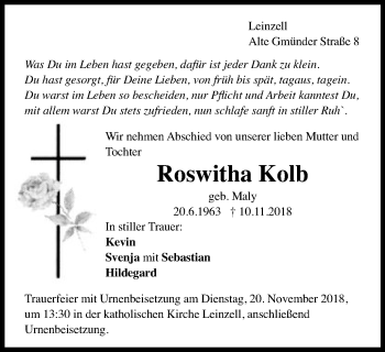 Traueranzeige von Roswitha Kolb von Gmünder Tagespost