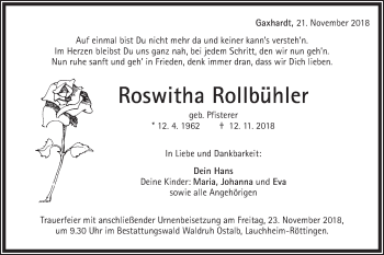 Traueranzeige von Roswitha Rollbühler von Schwäbische Post