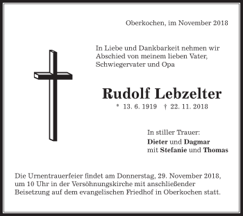 Traueranzeige von Rudolf Lebzelter von OstalbTrauer