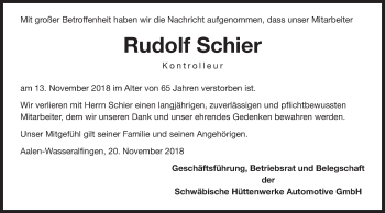 Traueranzeige von Rudolf Schier von Schwäbische Post