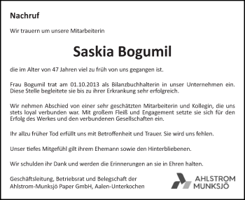 Traueranzeige von Saskia Bogumil von Schwäbische Post