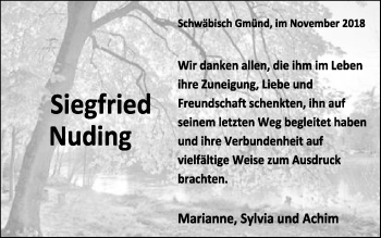 Traueranzeige von Siegfried Nuding von Gmünder Tagespost