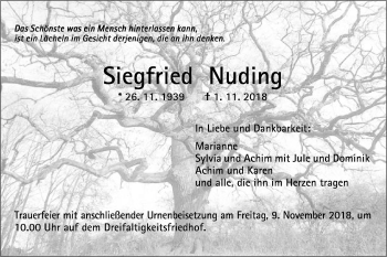 Traueranzeige von Siegfried Nuding von Gmünder Tagespost
