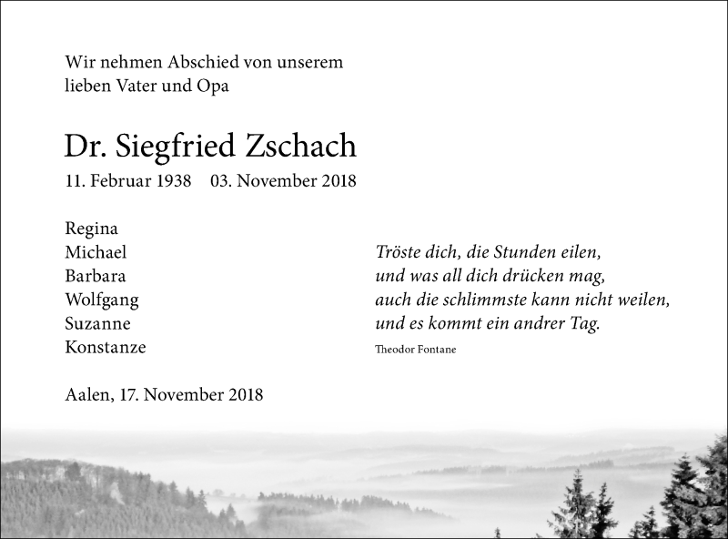  Traueranzeige für Siegfried Zschach vom 17.11.2018 aus Schwäbische Post