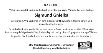Traueranzeige von Sigmund Gnielka von Schwäbische Post