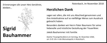 Traueranzeige von Sigrid Bauhammer von Schwäbische Post