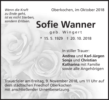 Traueranzeige von Sofie Wanner von Schwäbische Post