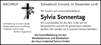 Traueranzeige von Sylvia Sonnentag von Gmünder Tagespost