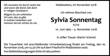 Traueranzeige von Sylvia Sonnentag von Gmünder Tagespost