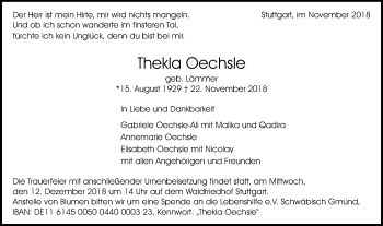 Traueranzeige von Thekla Oechsle von Gmünder Tagespost