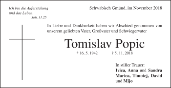 Traueranzeige von Tomislav Popic von Gmünder Tagespost