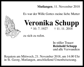 Traueranzeige von Veronika Schupp