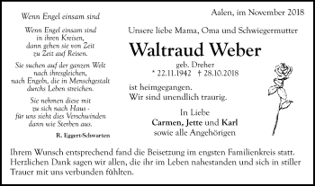 Traueranzeige von Waltraud Weber von Schwäbische Post