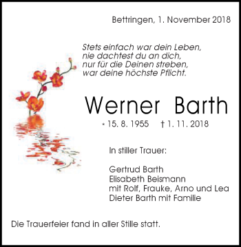 Traueranzeige von Werner Barth von Gmünder Tagespost
