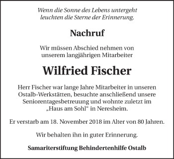 Traueranzeige von Wilfried Fischer von Schwäbische Post