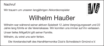 Traueranzeige von Wilhelm Haußer von Gmünder Tagespost